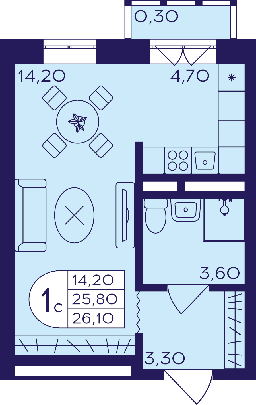 Студия 26,1 м²