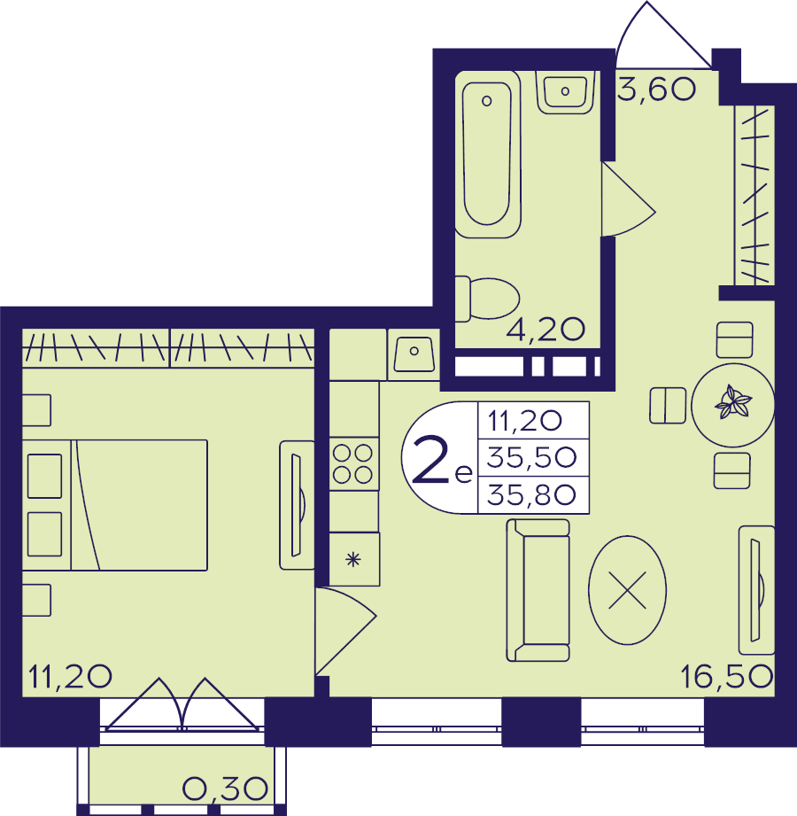 2 ккв (Евро) 35,8 м²