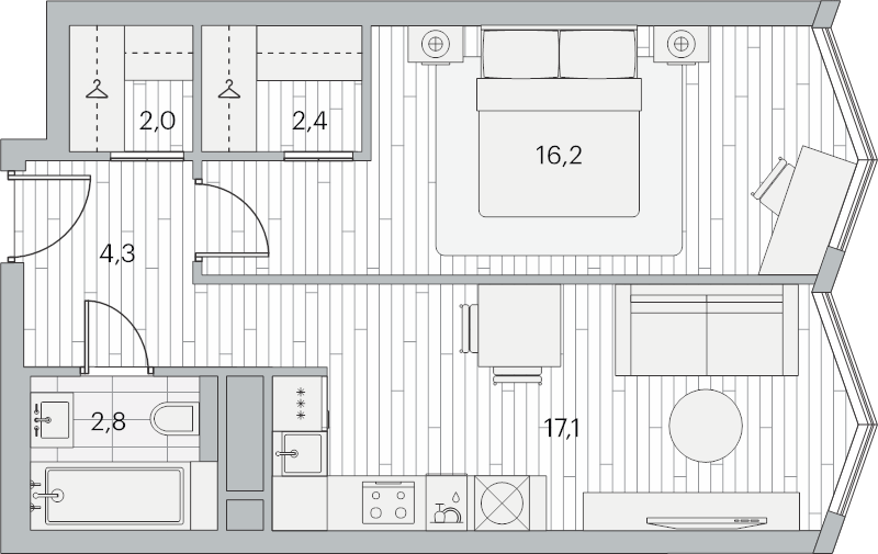 2 ккв (Евро) 44,6 м²