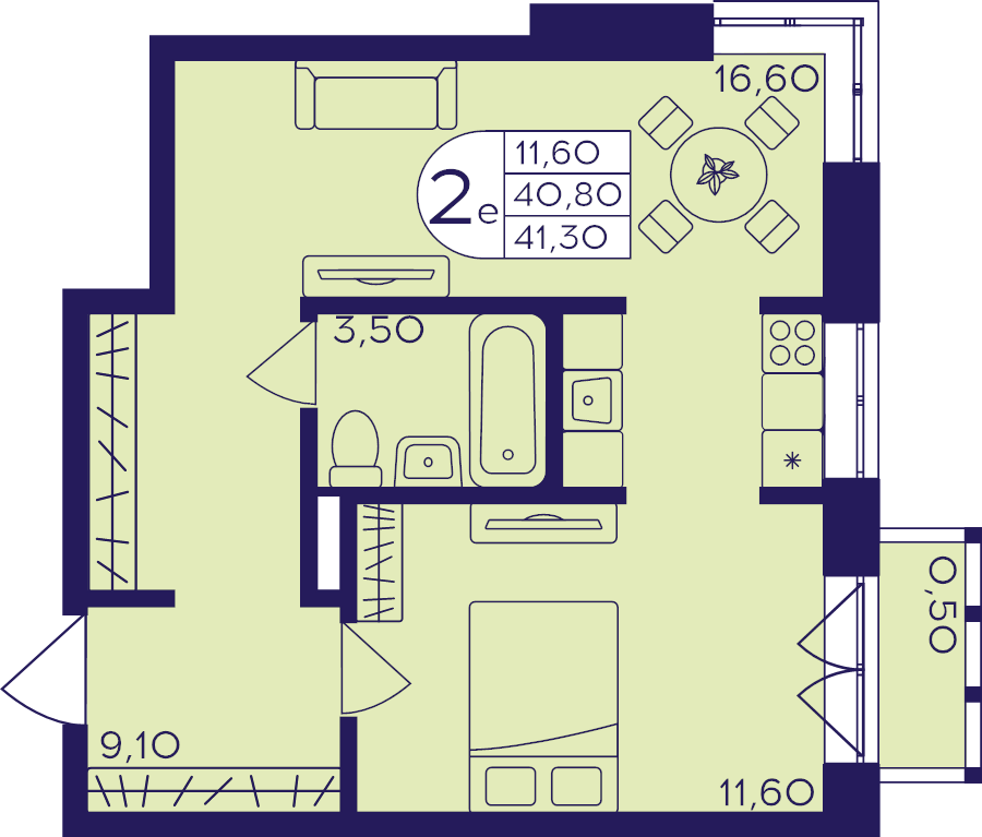 2 ккв (Евро) 41,3 м²