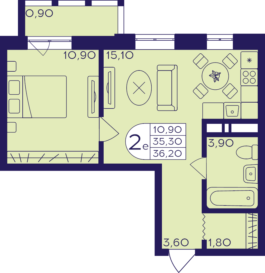 2 ккв (Евро) 36,2 м²
