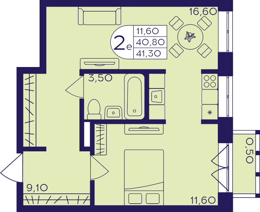 2 ккв (Евро) 41,3 м²
