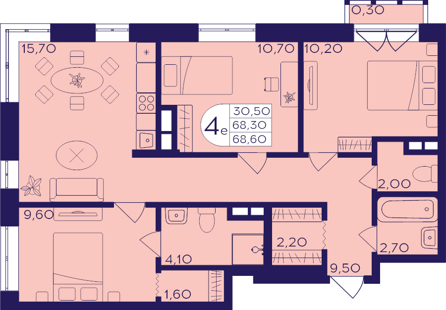 4 ккв (Евро) 68,6 м²