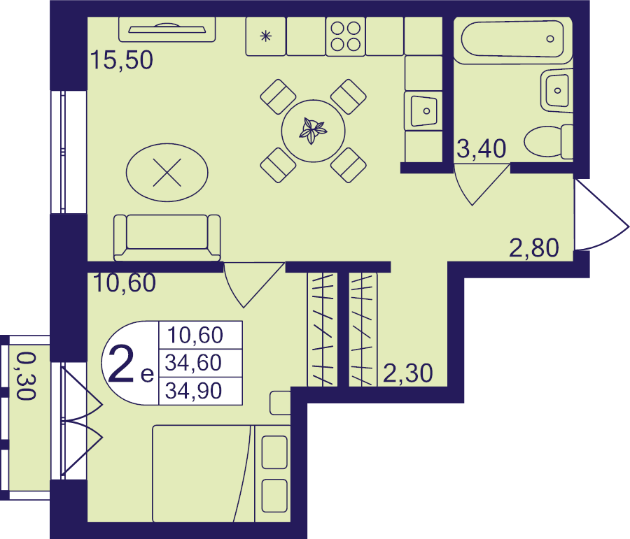 2 ккв (Евро) 34,9 м²