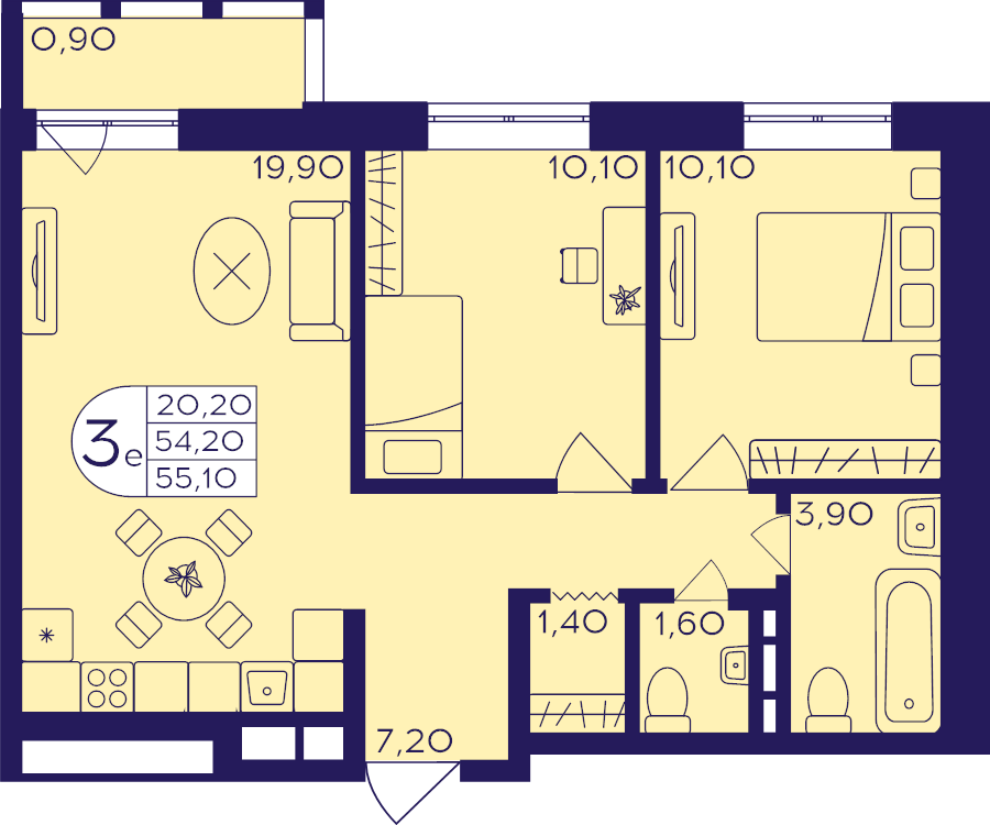 3 ккв (Евро) 55,1 м²