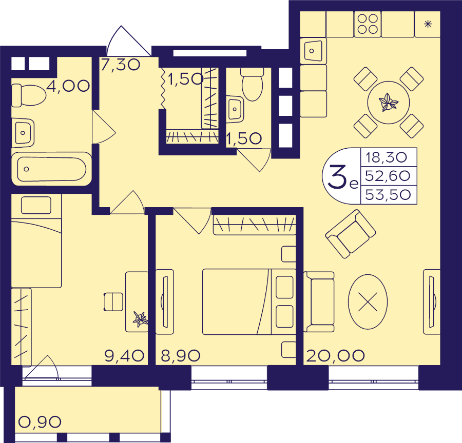 3 ккв (Евро) 53,5 м²
