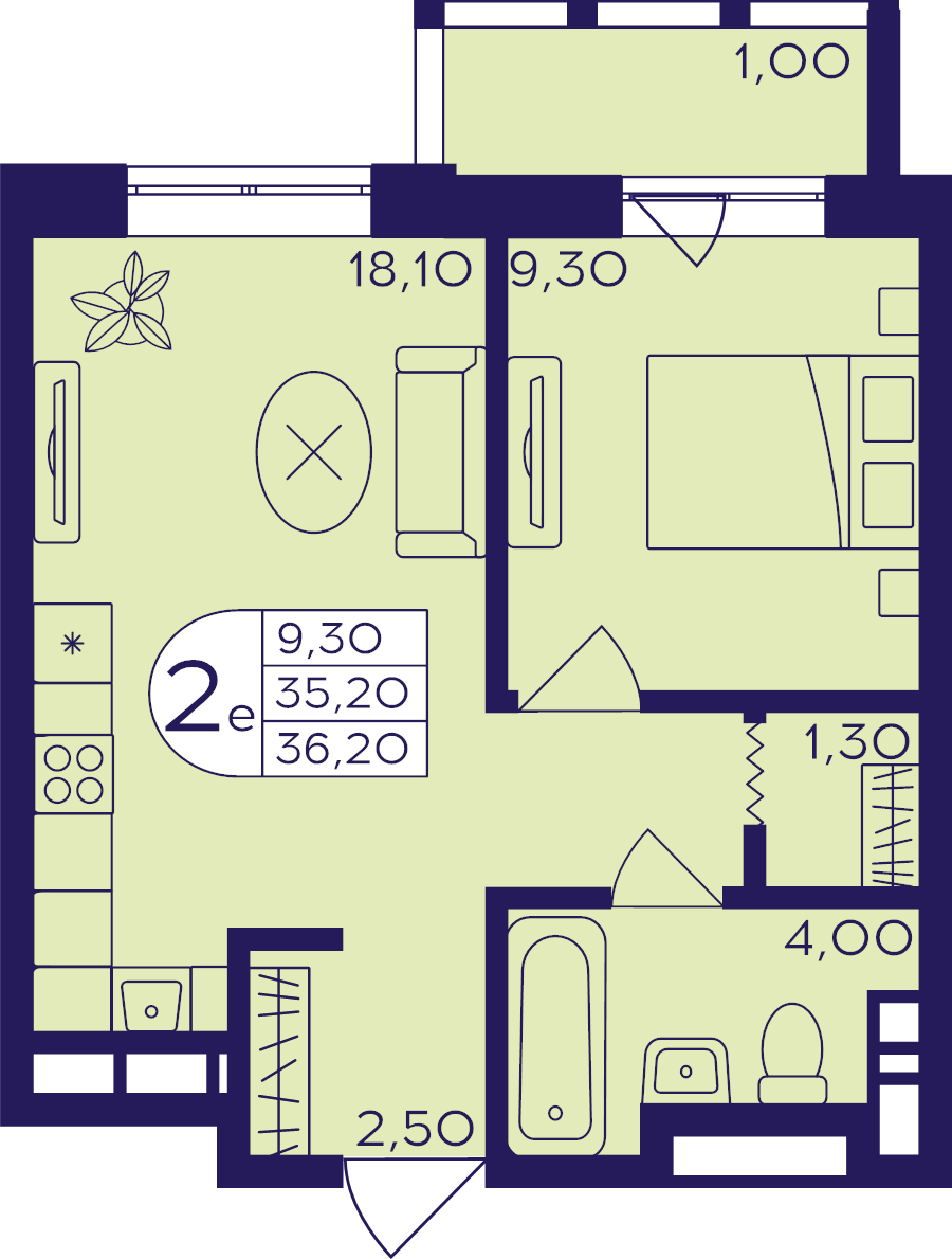 2 ккв (Евро) 36,2 м²