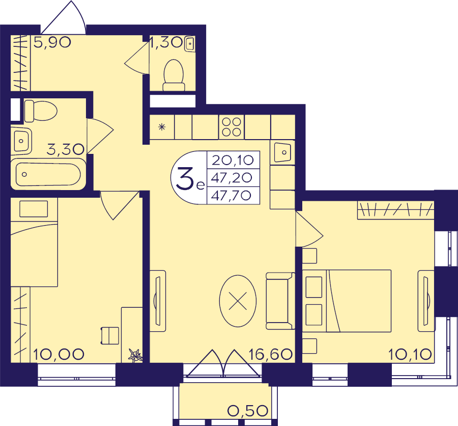 2 ккв (Евро) 47,7 м²