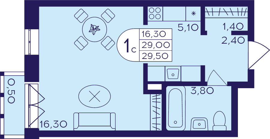 Студия 29,5 м²