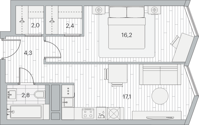 2 ккв (Евро) 44,6 м²