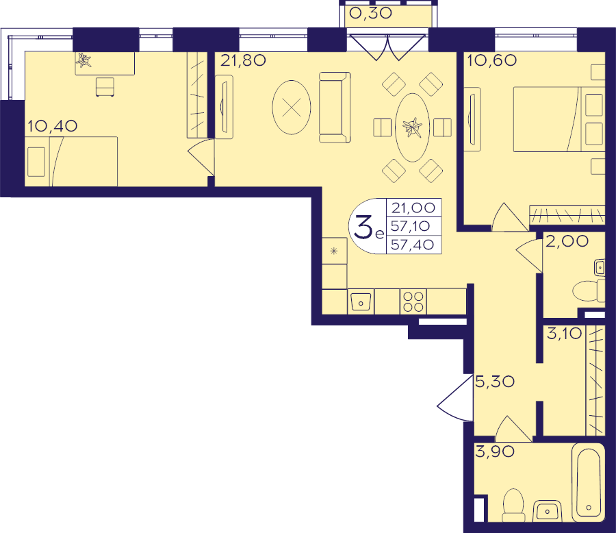 3 ккв (Евро) 57,4 м²