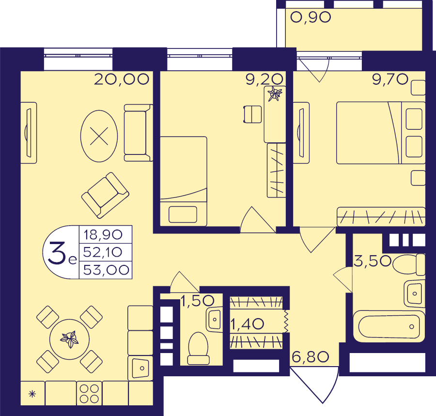 3 ккв (Евро) 53 м²