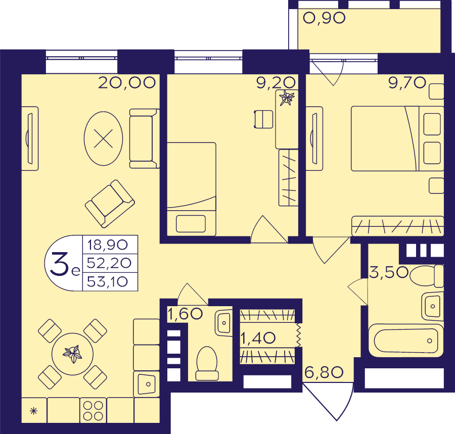 3 ккв (Евро) 53,1 м²