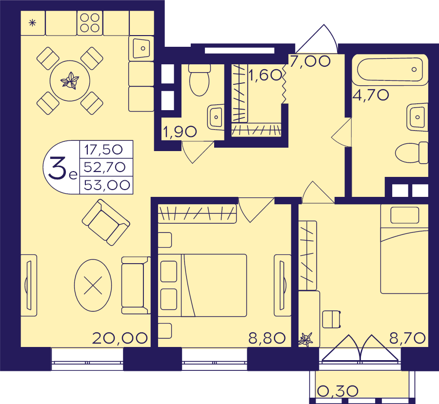 3 ккв (Евро) 53 м²