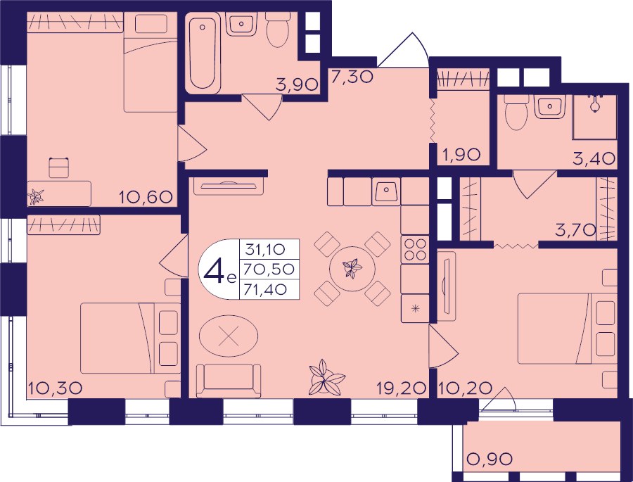 4 ккв (Евро) 71,4 м²