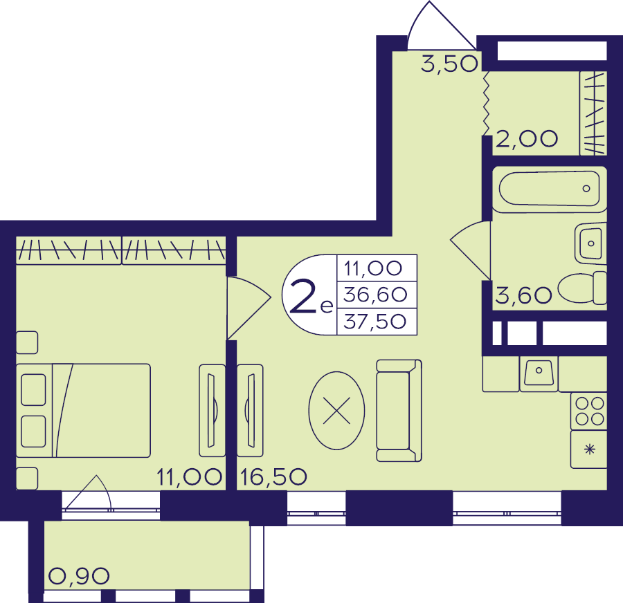 2 ккв (Евро) 37,5 м²