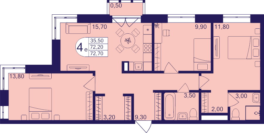 4 ккв (Евро) 72,7 м²