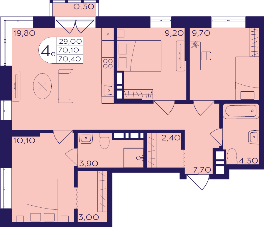 4 ккв (Евро) 70,4 м²