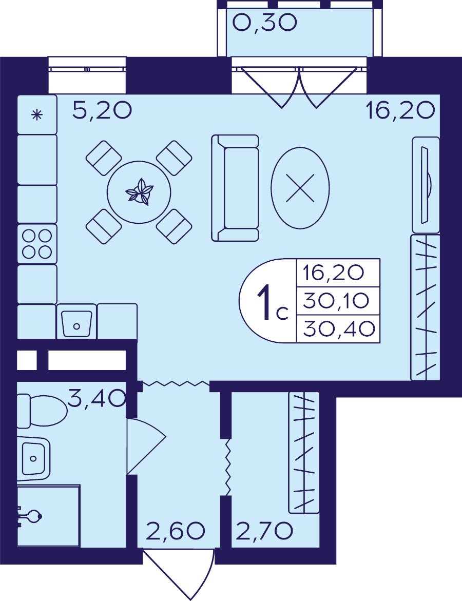 Студия 30,4 м²