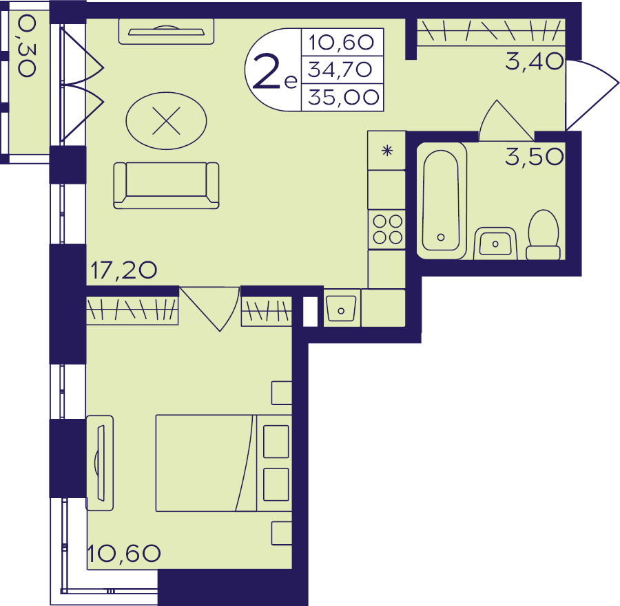 2 ккв (Евро) 35 м²