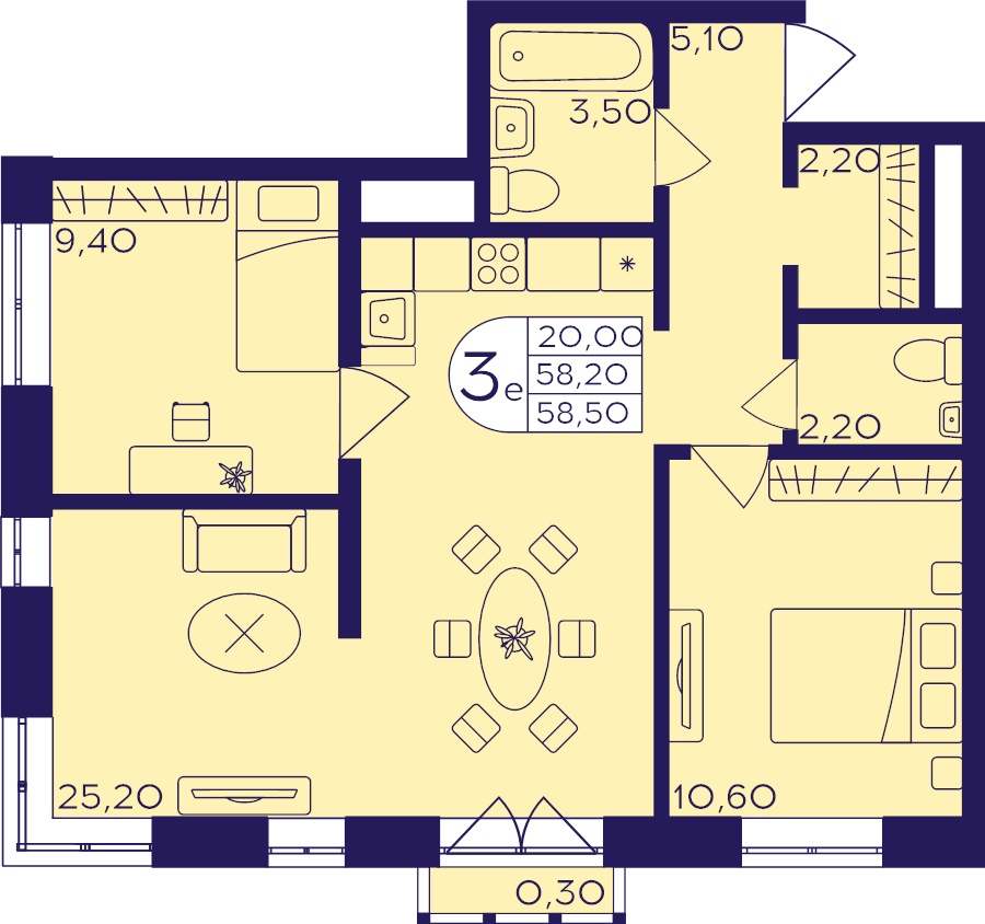 3 ккв (Евро) 58,5 м²