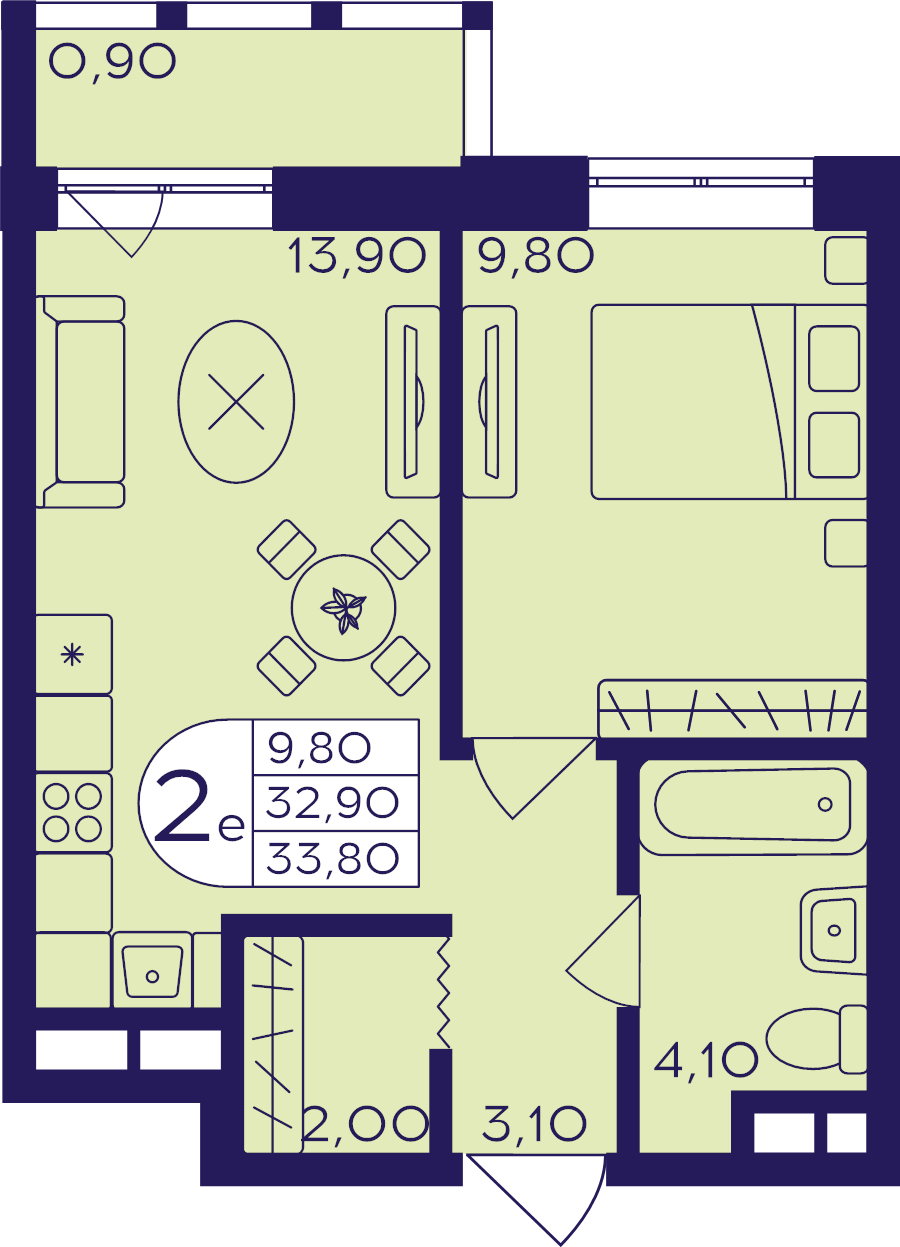 2 ккв (Евро) 33,8 м²