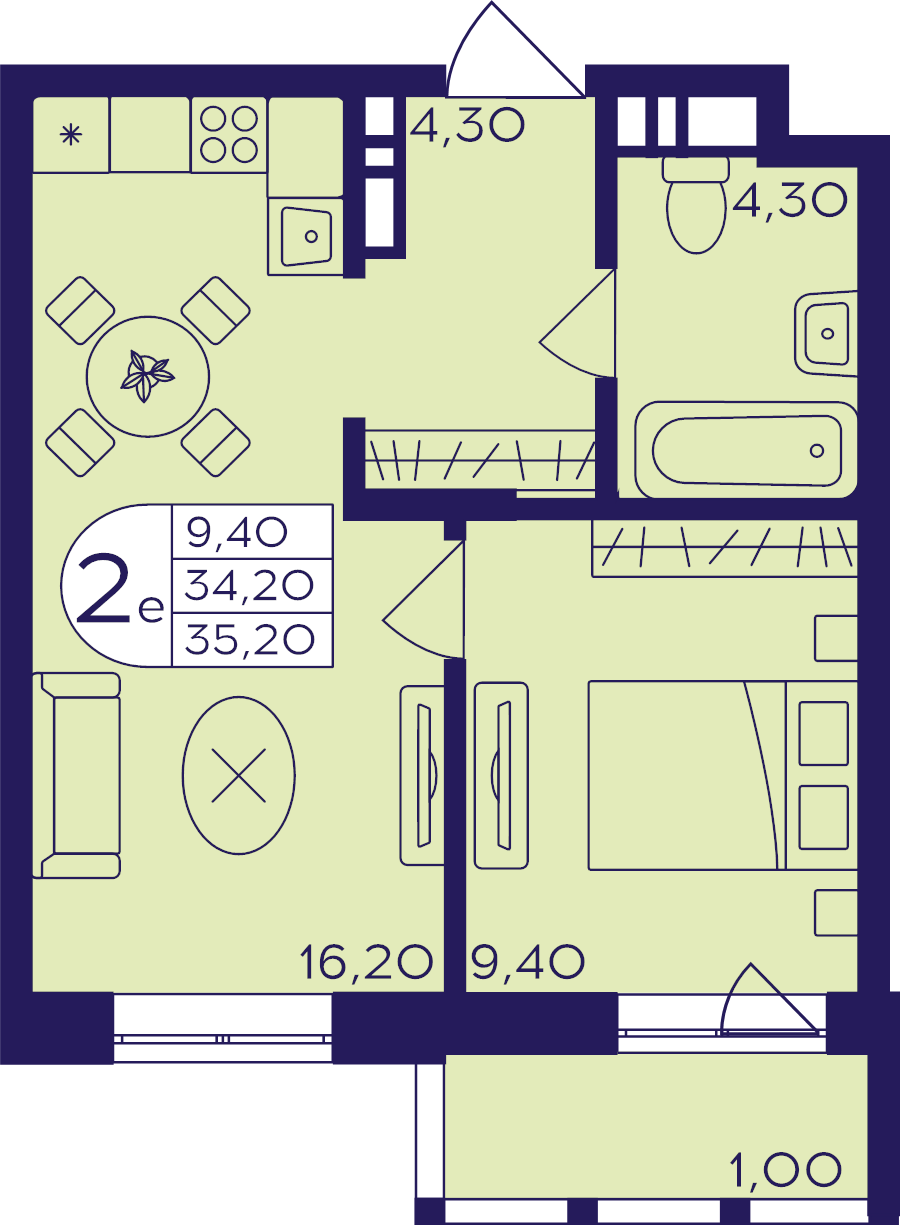 2 ккв (Евро) 35,2 м²