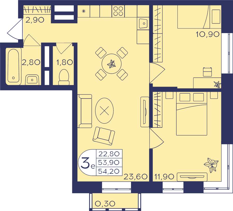 3 ккв (Евро) 54,2 м²