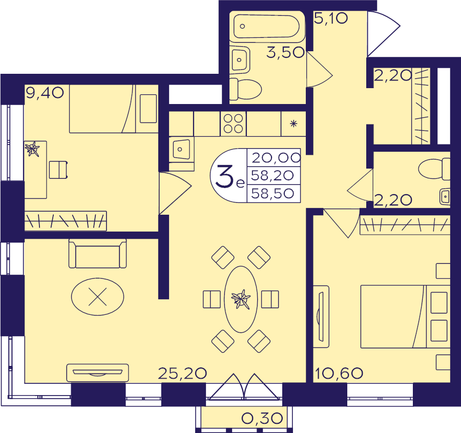 3 ккв (Евро) 58,5 м²