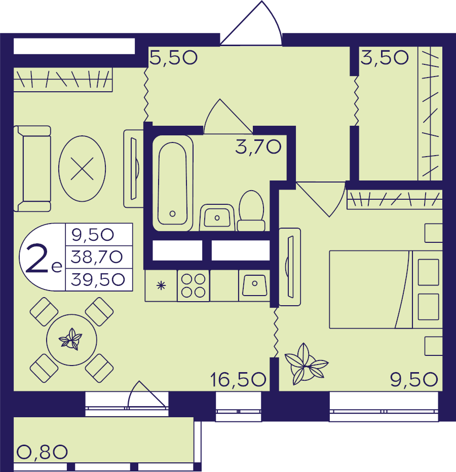 2 ккв (Евро) 39,5 м²