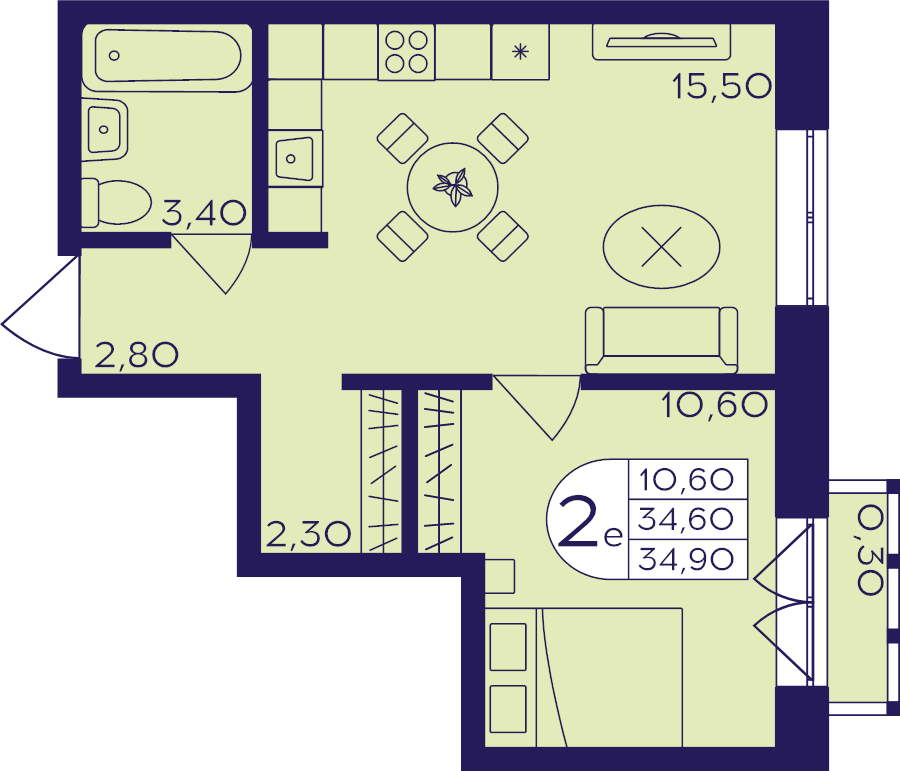 2 ккв (Евро) 34,9 м²