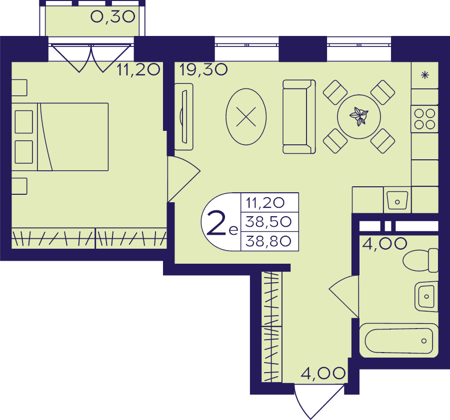 2 ккв (Евро) 38,8 м²