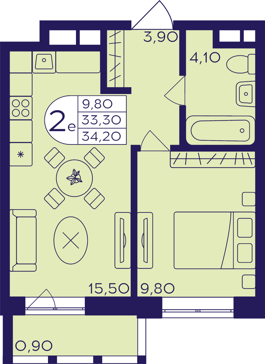 2 ккв (Евро) 34,2 м²
