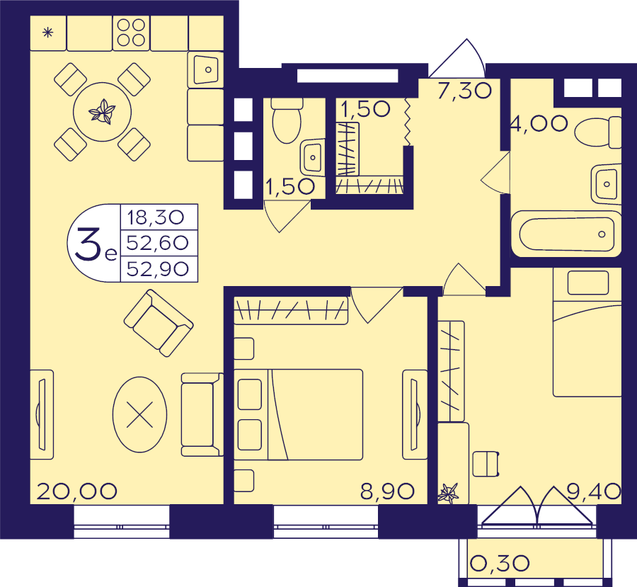 3 ккв (Евро) 52,9 м²