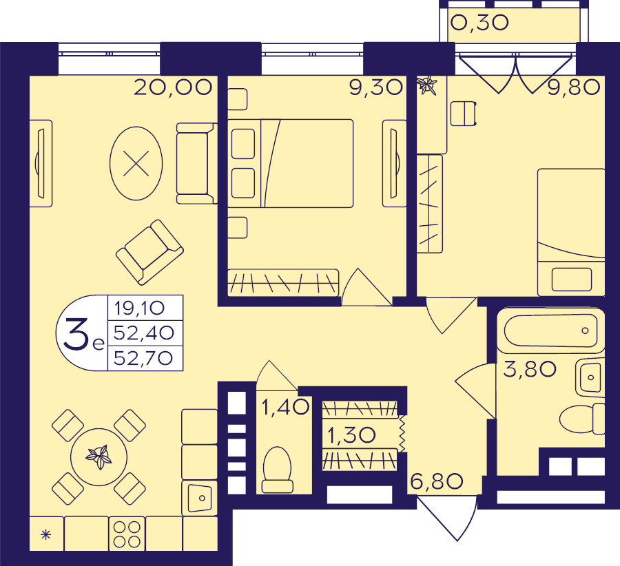 3 ккв (Евро) 52,7 м²