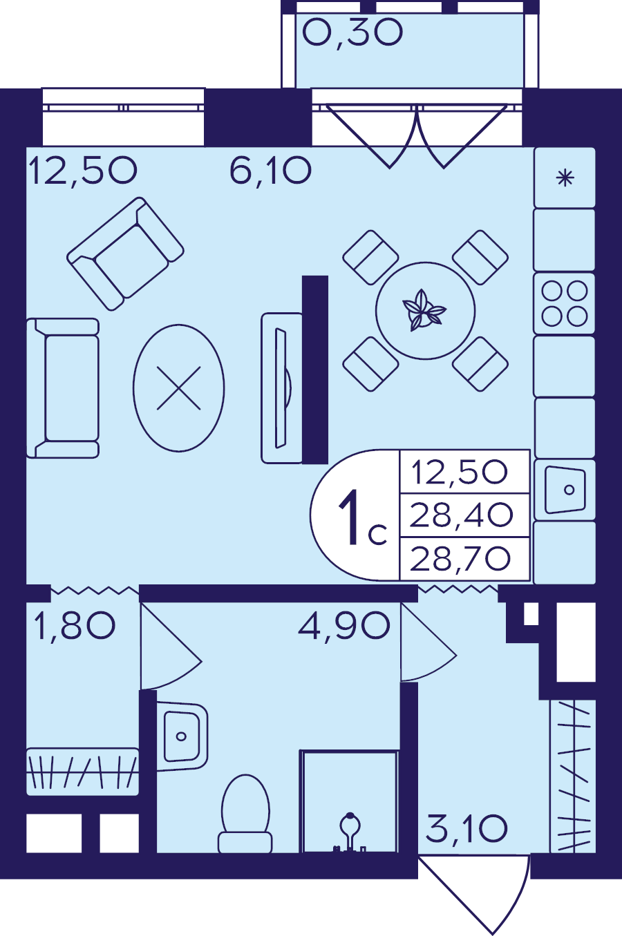 Студия 28,7 м²