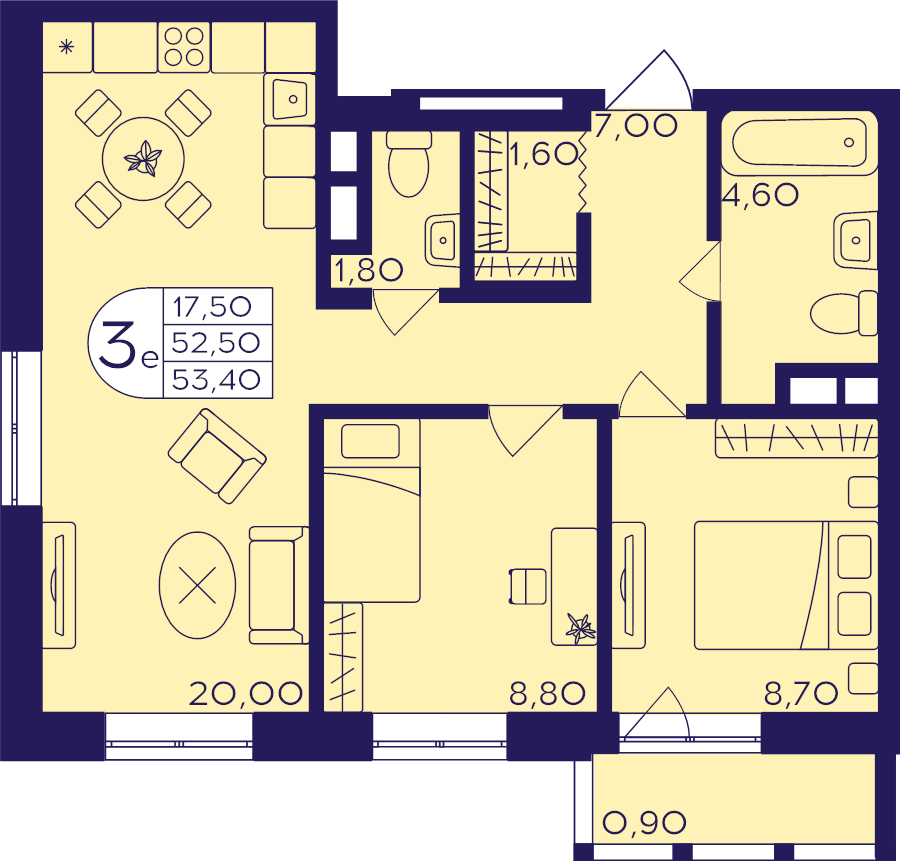 3 ккв (Евро) 53,4 м²