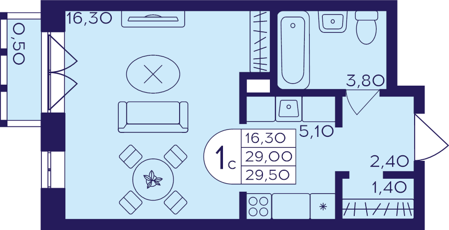 Студия 29,5 м²