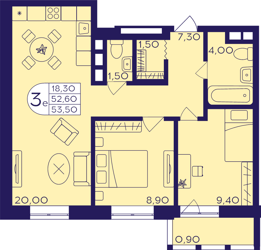 3 ккв (Евро) 53,5 м²