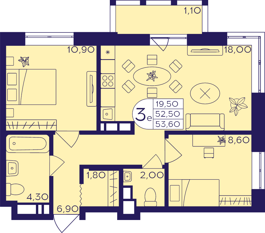 3 ккв (Евро) 53,6 м²
