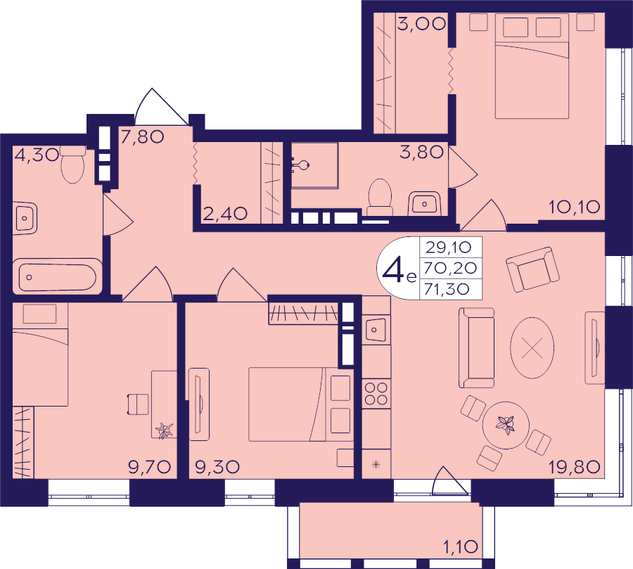 4 ккв (Евро) 71,3 м²