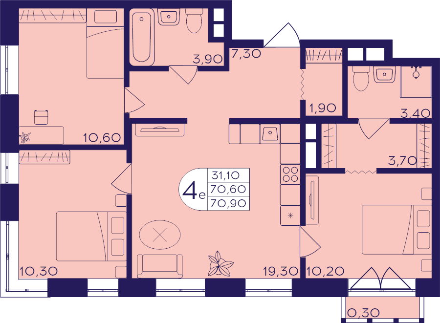 4 ккв (Евро) 70,9 м²