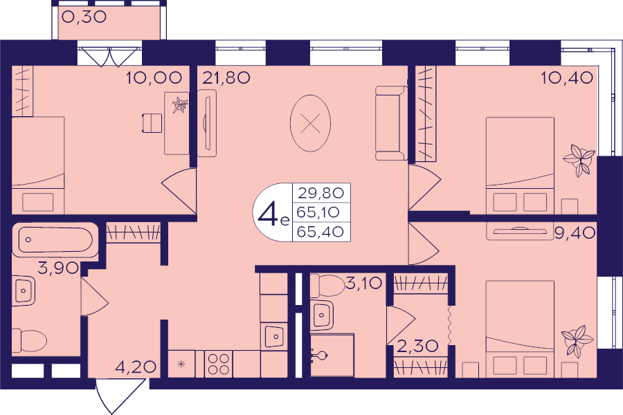 4 ккв (Евро) 65,4 м²