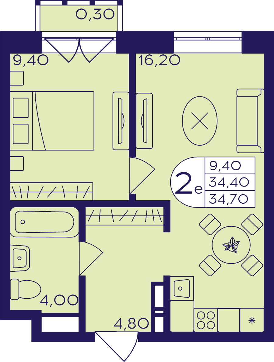 2 ккв (Евро) 34,7 м²