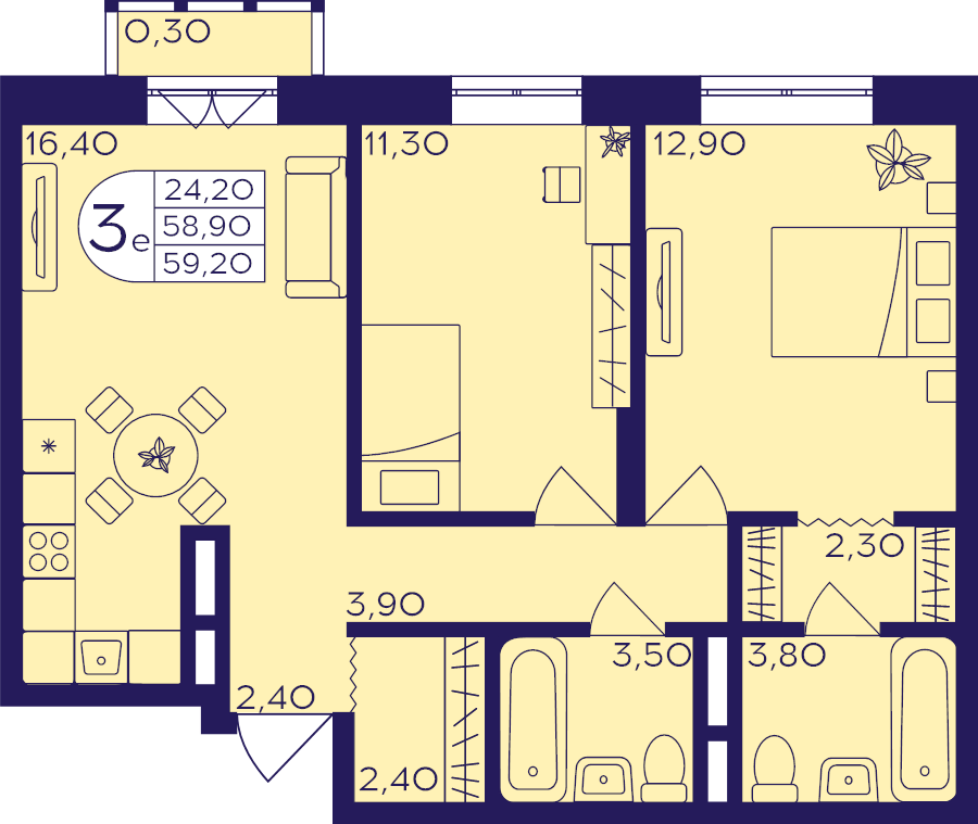 3 ккв (Евро) 59,2 м²