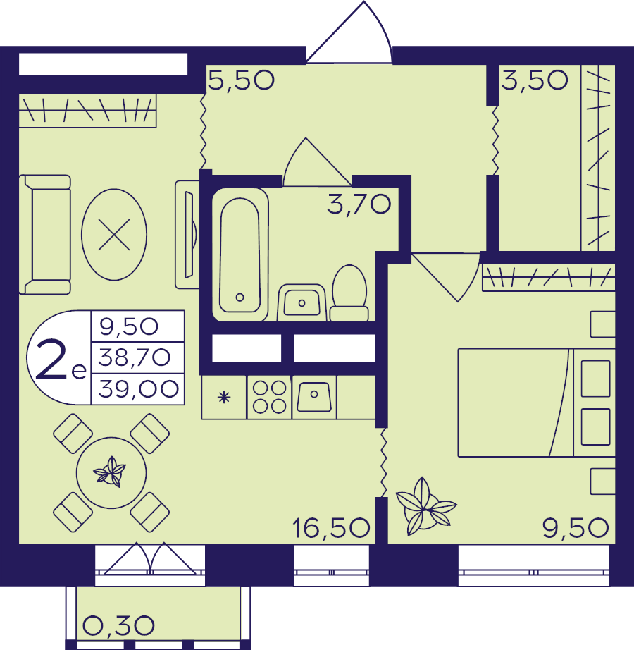 2 ккв (Евро) 39 м²
