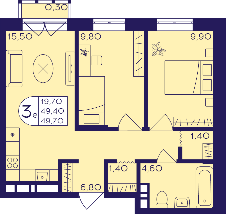 3 ккв (Евро) 49,7 м²