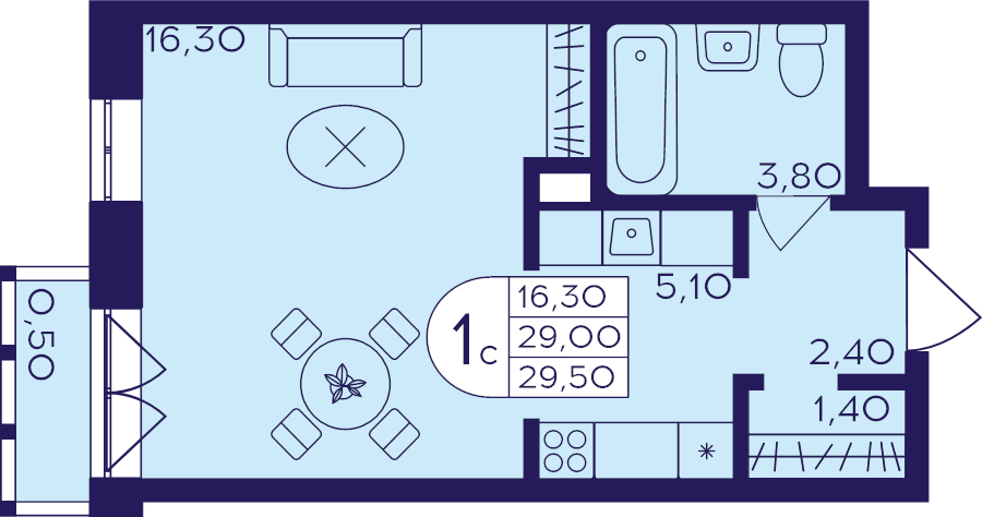 Студия 29,5 м²