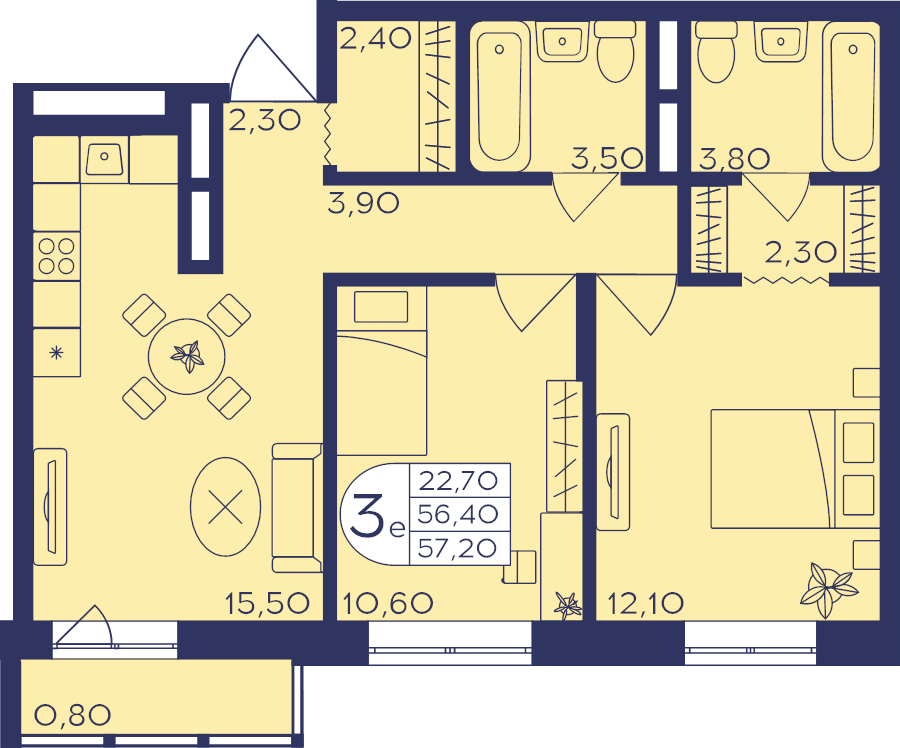 3 ккв (Евро) 57,2 м²