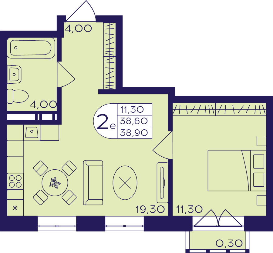 2 ккв (Евро) 38,9 м²